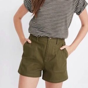 Madewell Camp Shorts Olive Green Size S Utility Cotton Pockets Elastic Waist